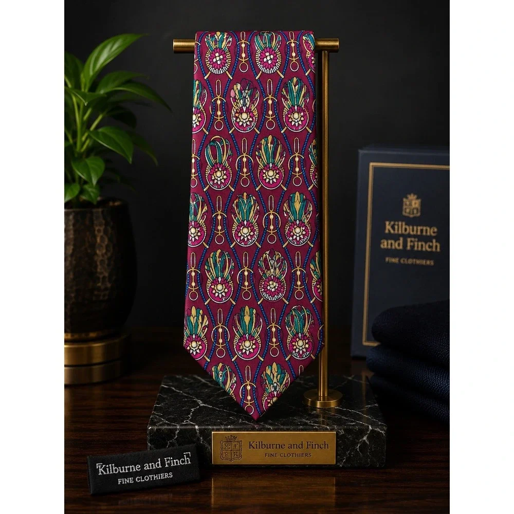Michelsen's of London 100% Silk Tie Burgundy Equestrian Chain Medallion Classic